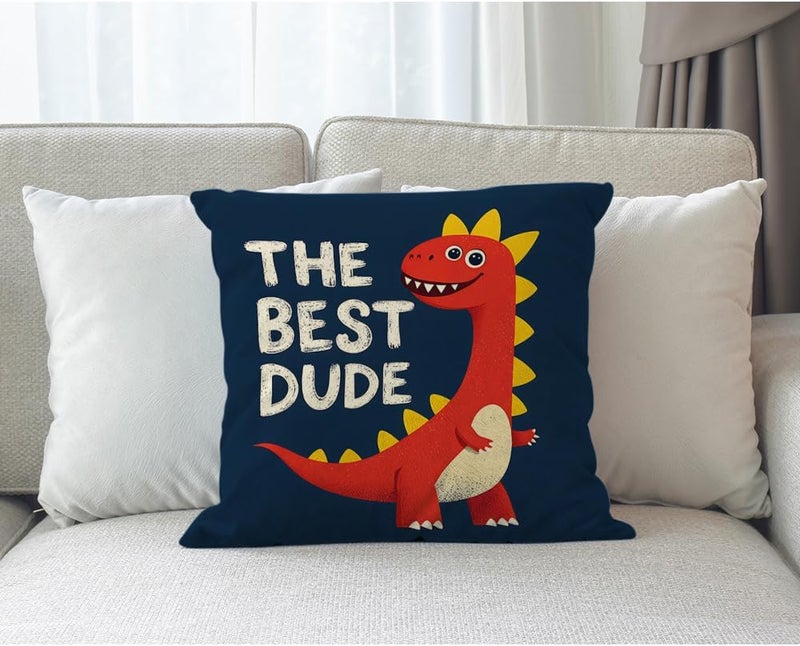 Moslion Dinosaur Throw Pillow Case Cute Cartoon Wild Safari Animal Red Dinosaur Pillow Cover Decorative Square Cushion Accent Cotton Linen 18x18 Inch for Sofa Chair Navy Blue - Image 3